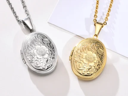 Delicate Floral Oval Heart Locket Pendant Necklaces for Women,Stainless Steel Photo Frame Promise Love Keepsake Gift